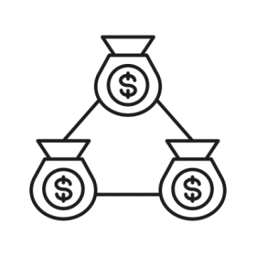 a black and white line drawing of three stacks of money