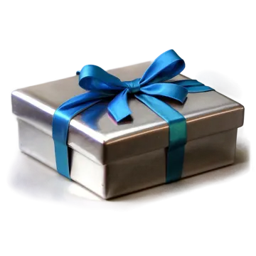 a silver gift box with a blue ribbon