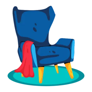 a blue chair with a red scarf on it
