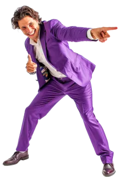 a man in a purple suit and white shirt