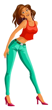 a woman in green pants and red top