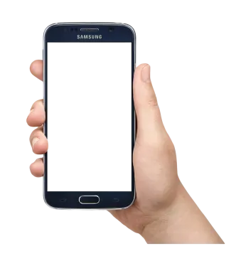 a hand holding a smart phone with a white screen