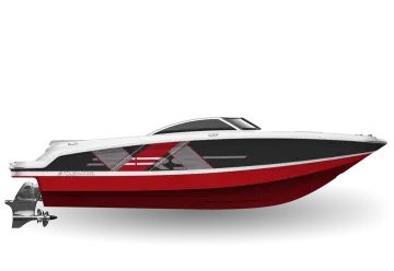a red and black speed boat on a white background