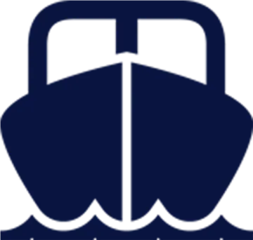 a white and blue logo with a boat in the middle