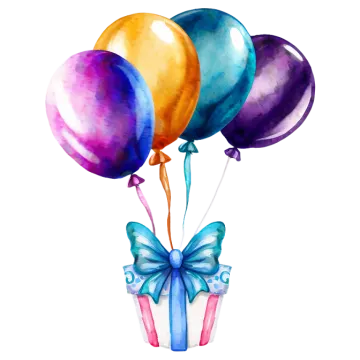 a watercolor painting of balloons with a bow
