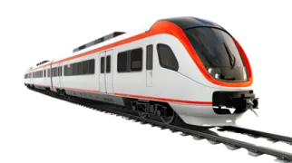 an orange and white train on a track