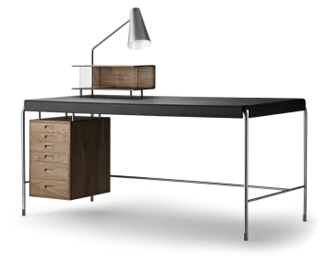 a desk with two drawers and a lamp on top