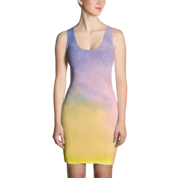 a woman in a yellow and blue dress