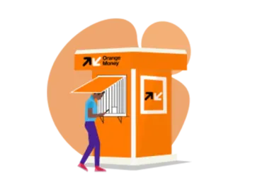 a man standing in front of a small orange building