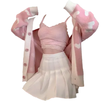 a woman wearing a pink sweater and white skirt