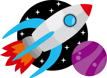 an illustration of a rocket and planets