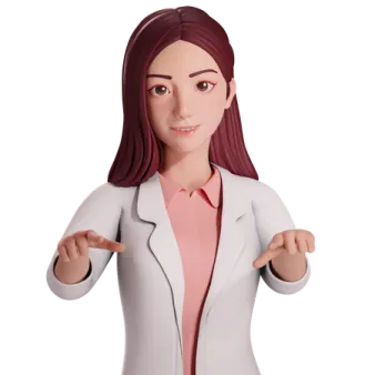a woman in a white coat pointing at the camera