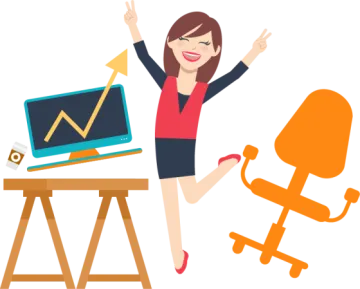 a woman jumping over a desk with a laptop and chair