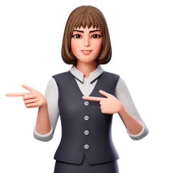 a woman in a business suit pointing at something