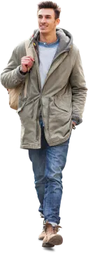 a man in a jacket and jeans is walking