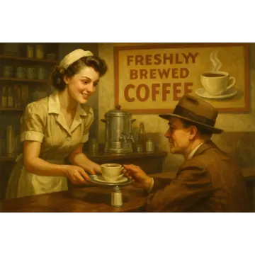 a painting of two people at a coffee shop