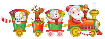 a group of santa clauss riding on a train