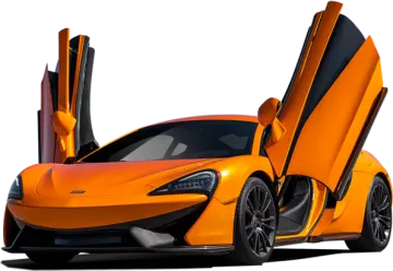 an orange sports car with doors open