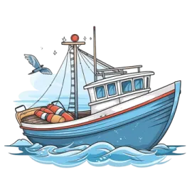 a boat in the water with birds flying around it