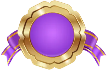 a purple and gold medal with a ribbon around it