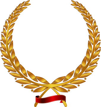 a gold laurel wreath with red ribbon