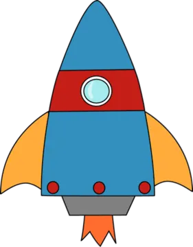 a cartoon rocket with a red and blue tail