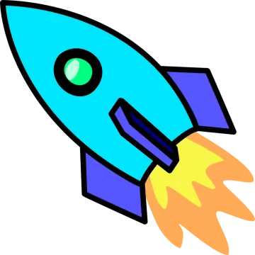 a blue and yellow rocket with a green eye