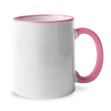 a white and pink coffee mug with a pink handle