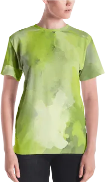 a woman wearing a green t - shirt