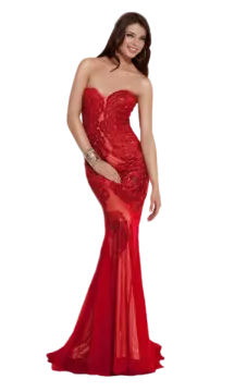 a woman in a red dress