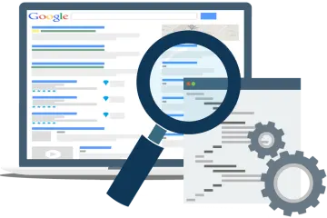 a magnized image of a computer, with the words google search on it