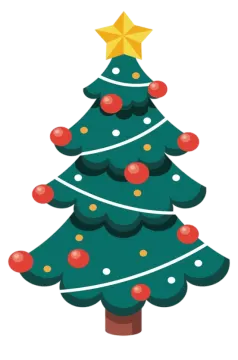 a green christmas tree with red and gold ornaments