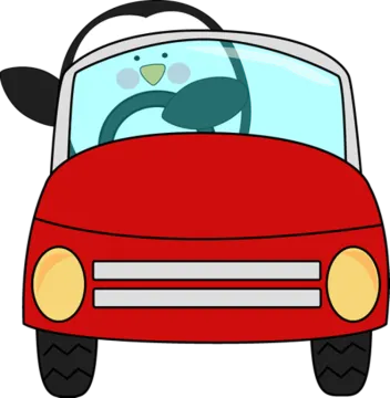 a red car with a penguin sitting in it