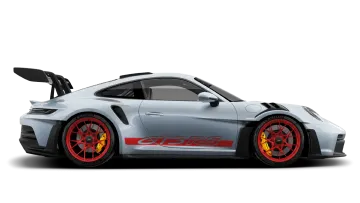 a grey porsche gtr with red rims