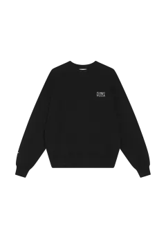 a black sweatshirt with a white logo on the front