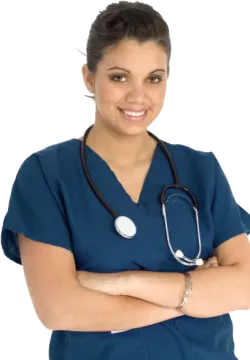 a woman in scrubs with her arms crossed