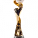 a gold trophy with a white background