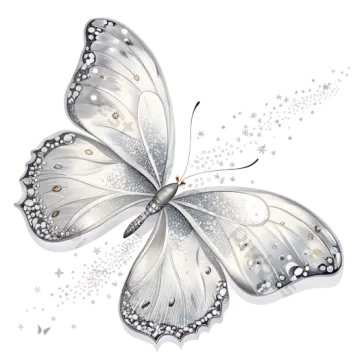 a white butterfly with silver wings and sparkling stars