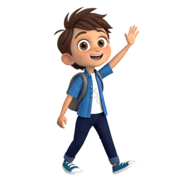 a boy in a blue shirt and jeans is waving