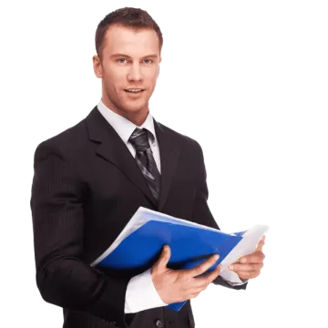 a man in a suit holding a blue folder