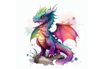 a watercolor painting of a dragon sitting on a rock