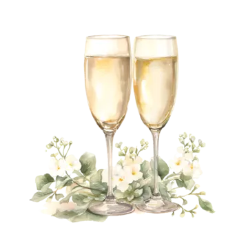 two glasses of champagne with flowers and leaves