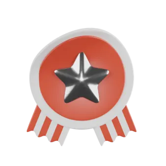 a red and white badge with a star on it