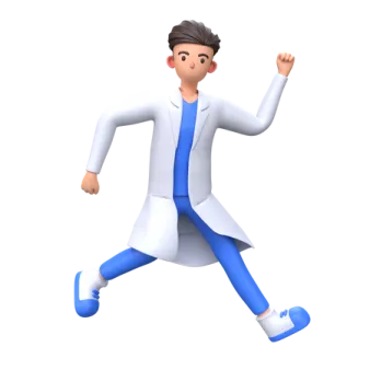 a man in a white lab coat and blue pants