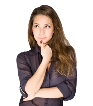 a woman in a black shirt with her hand on her chin