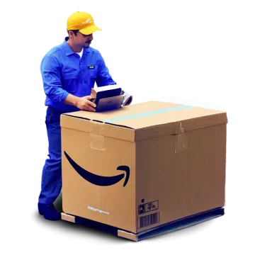 a man standing next to a cardboard box