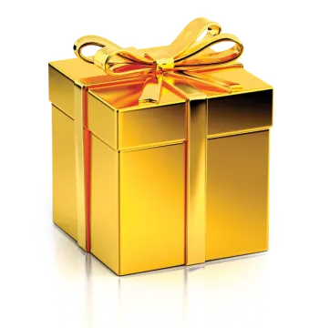 a gold gift box with a bow