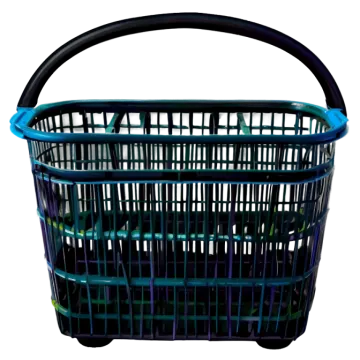 a black basket with blue handles