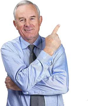 a man in a blue shirt and tie giving the thumbs