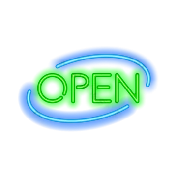 an open neon sign on a white background